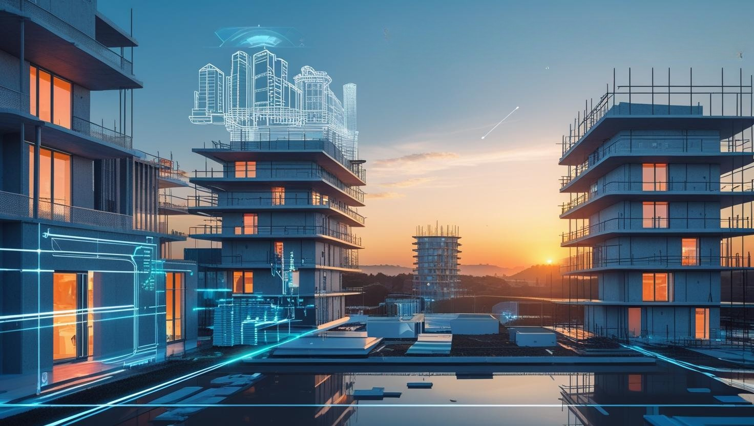 Digital representation of modern buildings at sunset